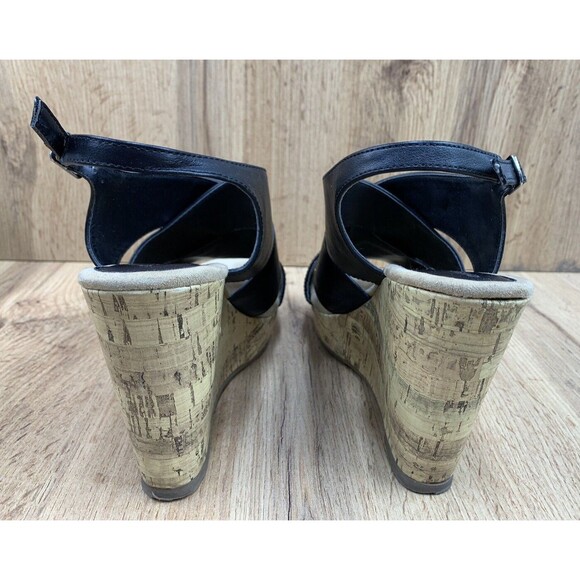 Montego Bay Club Strap back Wedges Women's Size 9 Black Faux Crisscross Open Toe - Picture 7 of 16
